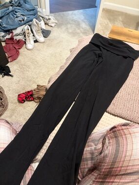 Women's Black Fold-Over Waist Wide-Leg Pants